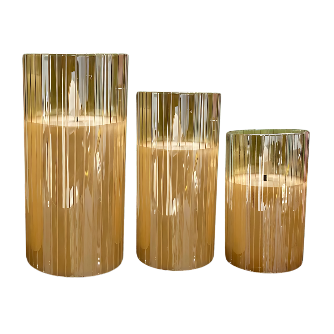 Set de Velas Electrónicas con Luz Cálida y Vaso de Cristal en Ámbar