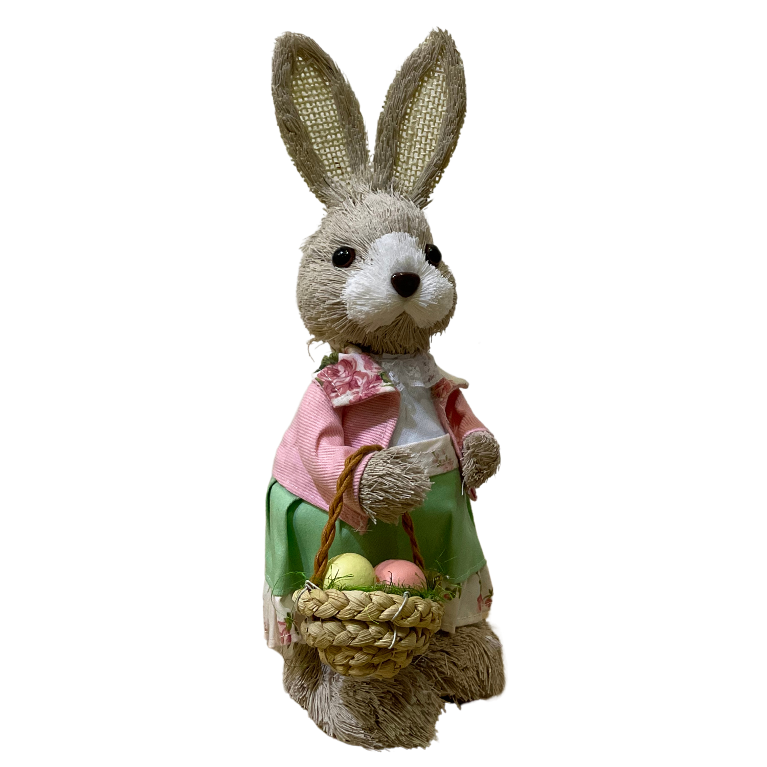 Coneja Decorativa de Paja con Pantalón Verde, Suéter Rosa y Canasta con Huevos de Pascua - 10 x 15 cm