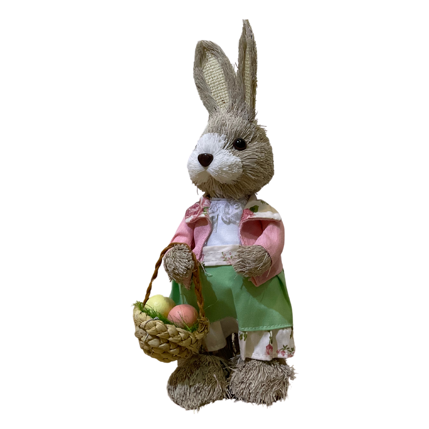 Coneja Decorativa de Paja con Pantalón Verde, Suéter Rosa y Canasta con Huevos de Pascua - 10 x 15 cm