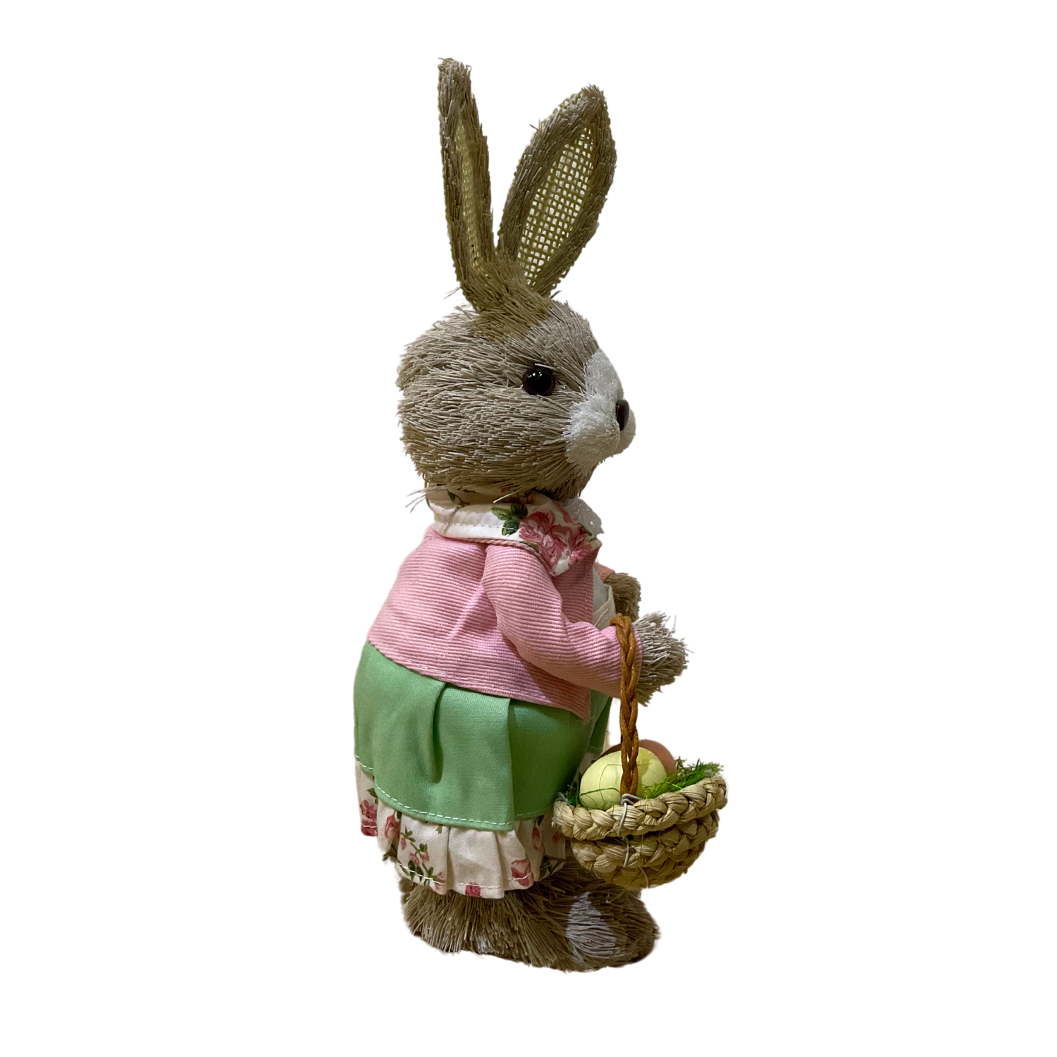 Coneja Decorativa de Paja con Pantalón Verde, Suéter Rosa y Canasta con Huevos de Pascua - 10 x 15 cm