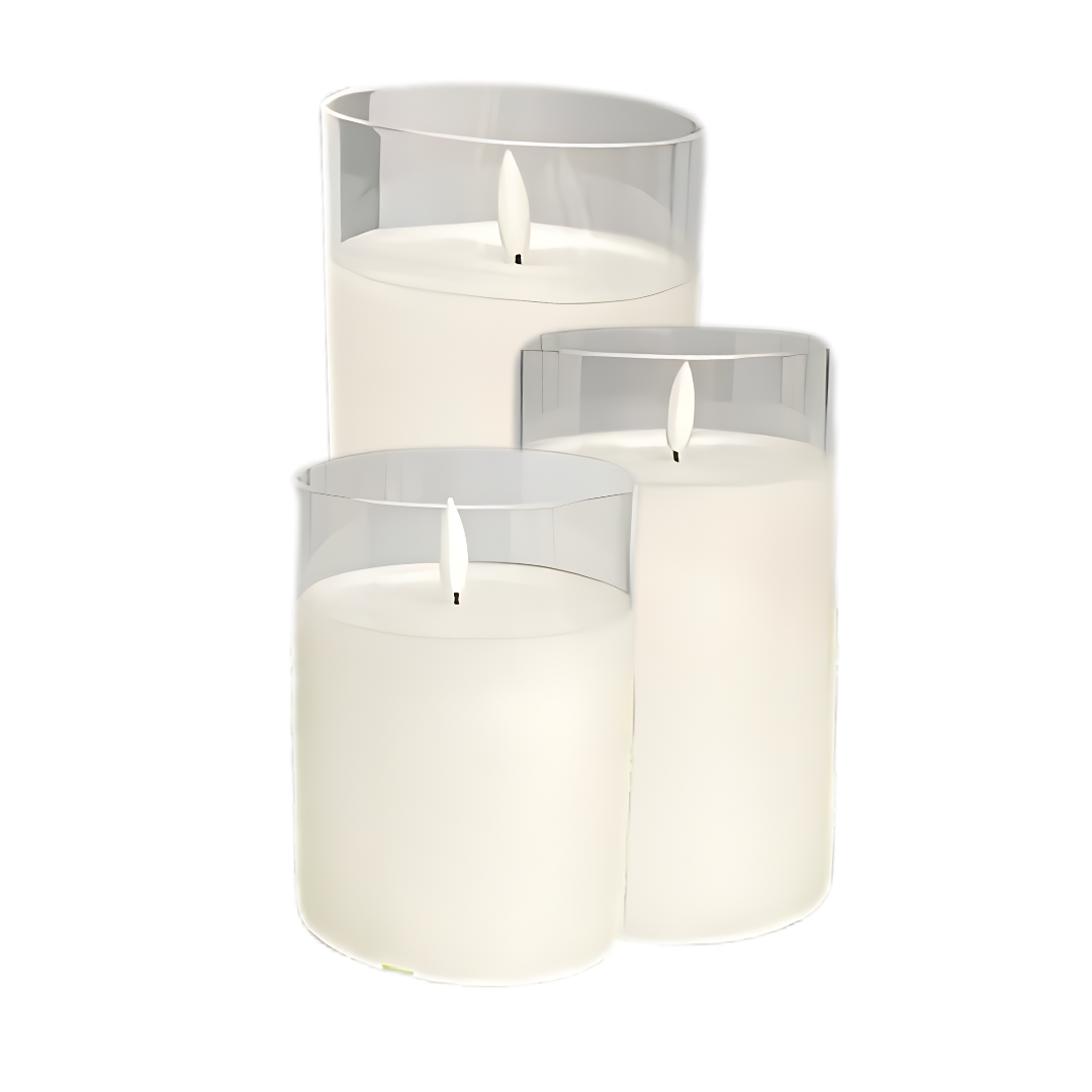 Set de 3 Velas Electrónicas con Luz Cálida de Cera Blanca y Vaso de Cristal Transparente