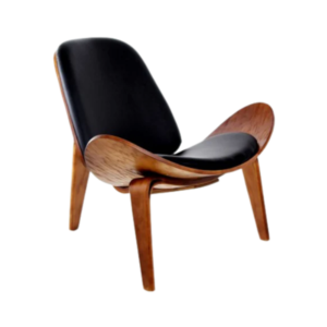 Imagen de la Silla Wegner Three-Legged Plywood Chair, hecha en madera y piel italiana negra, con diseño de tres patas de Hans Jorgen Wegner.